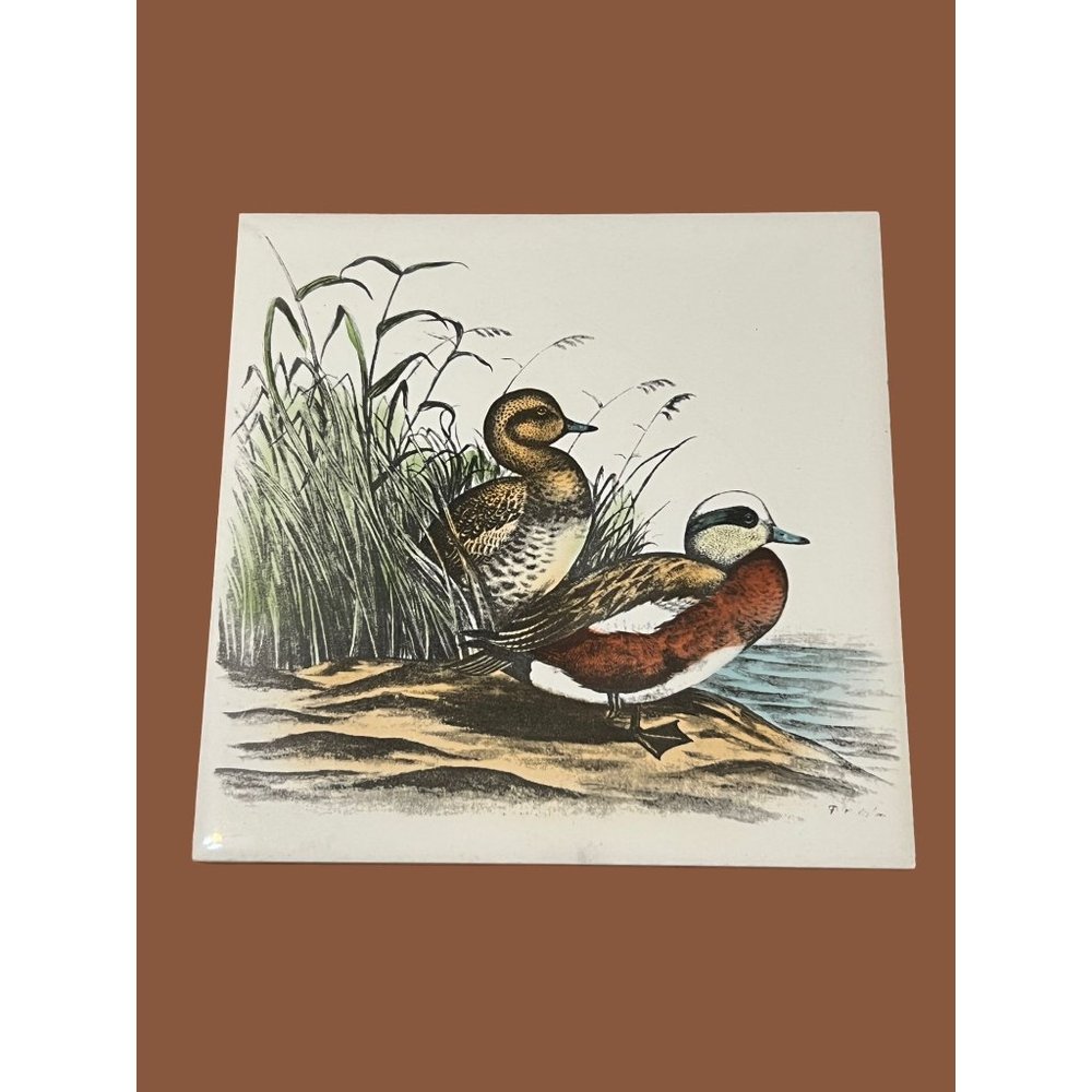 Vintage Delano Studios Tile Trivet 6" Ducks Wood Mallard Marsh Corked Can be hun